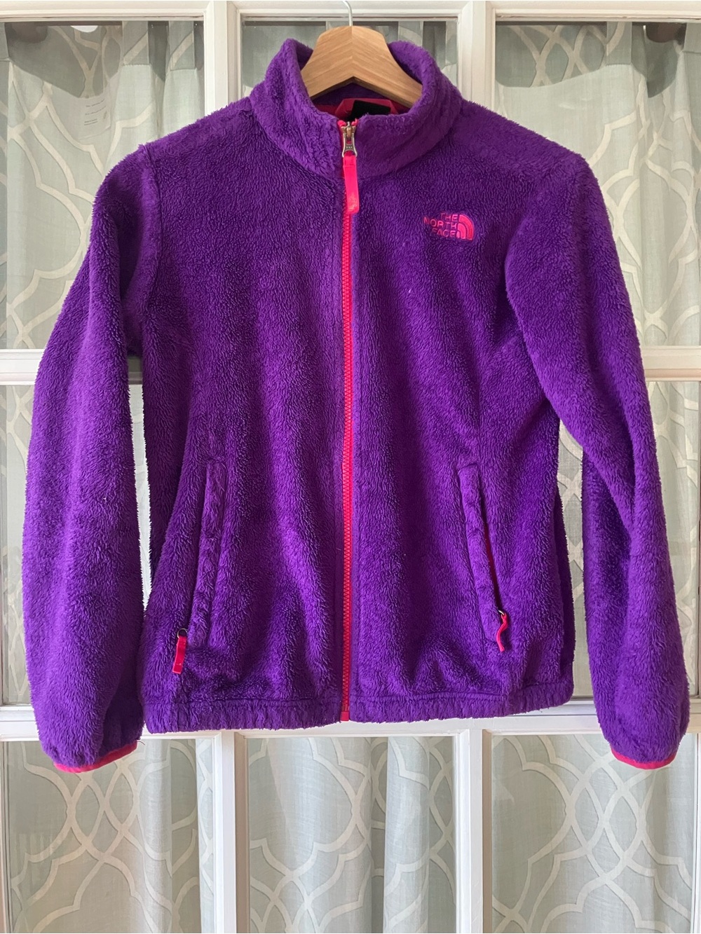 The North Face size 14 / 16 years purple zip up fleece jacket with pink accents